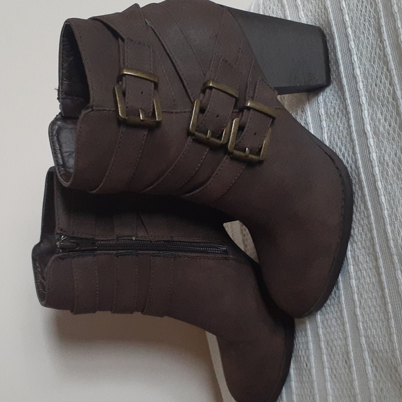 JustFab Shoes - JustFab Dark Brown Heeled Boots with Buckles
